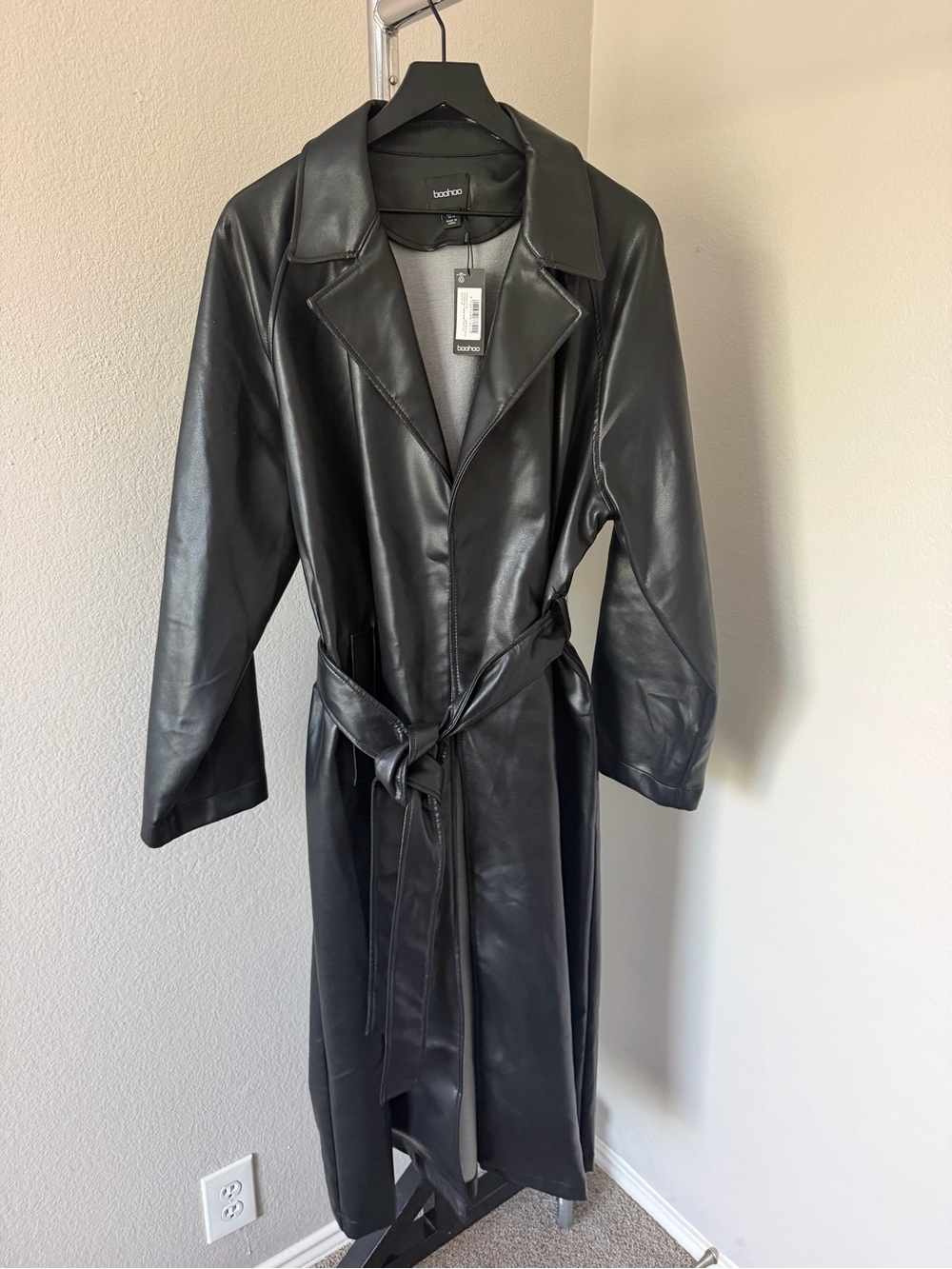 Boohoo Black Faux Leather Belted Trench Coat